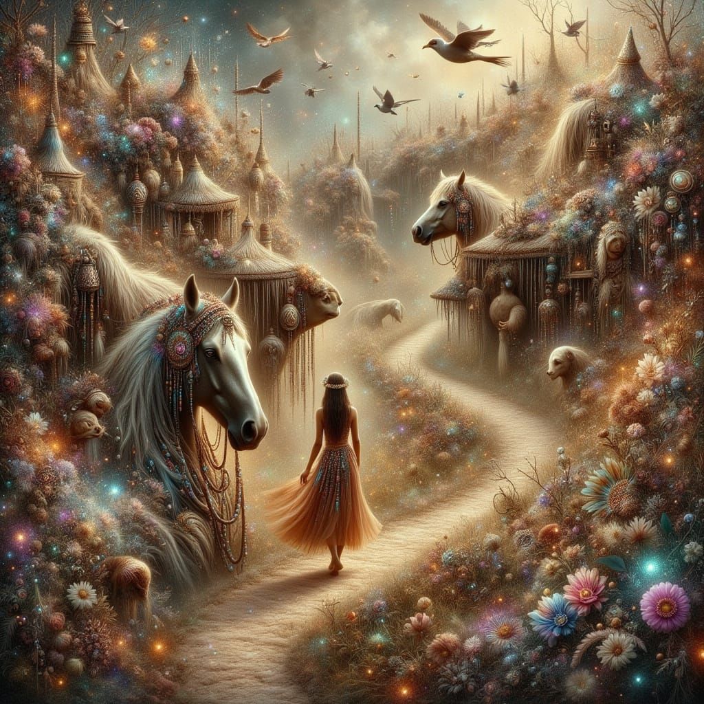 Serene Woman and Horses in Golden Field