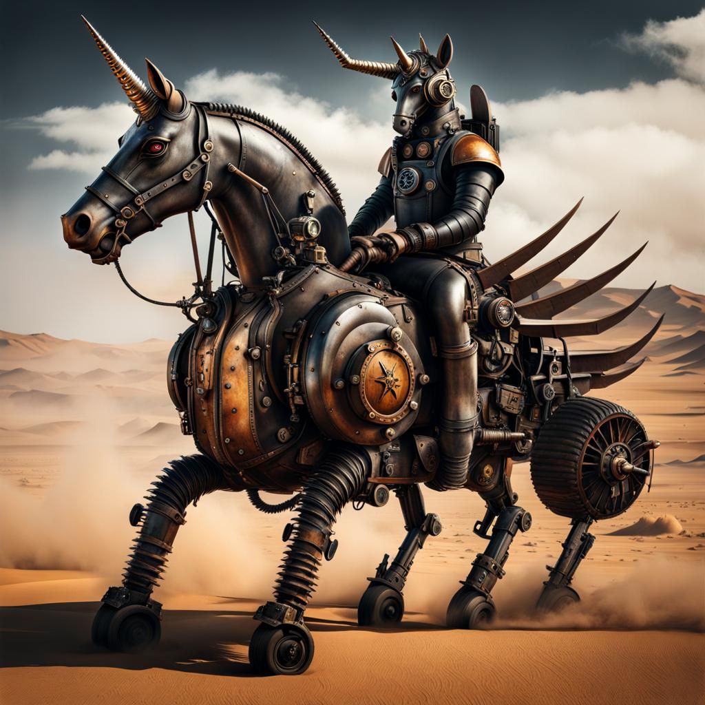 Dieselpunk Mechanical Unicorn in Dystopian Desert