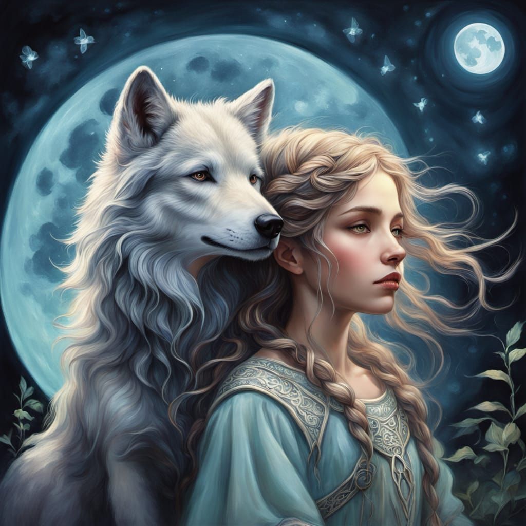 Celtic Child and Wolf Pup Gaze at Moon