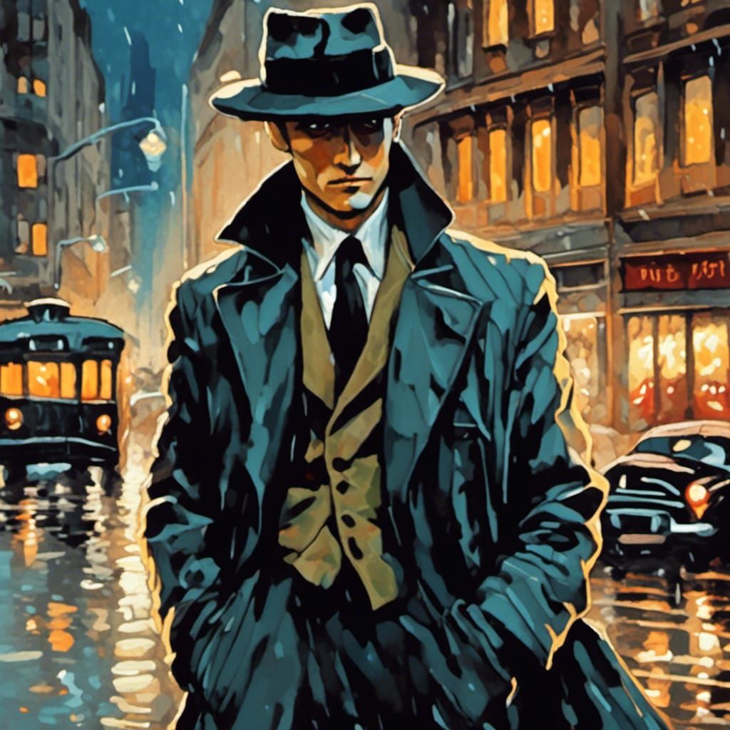 1950s Noir Detective in Rainy Street Scene