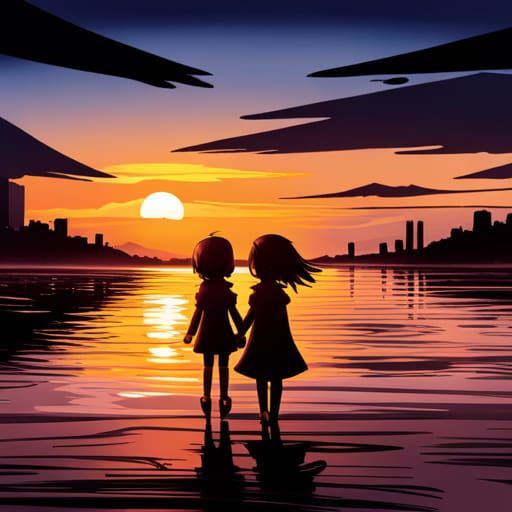 Anime Style: Girls Holding Hands at Sunset