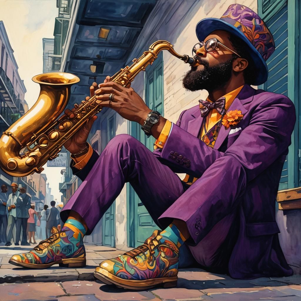 Saxophone Player in New Orleans, Cartoonish Illustration