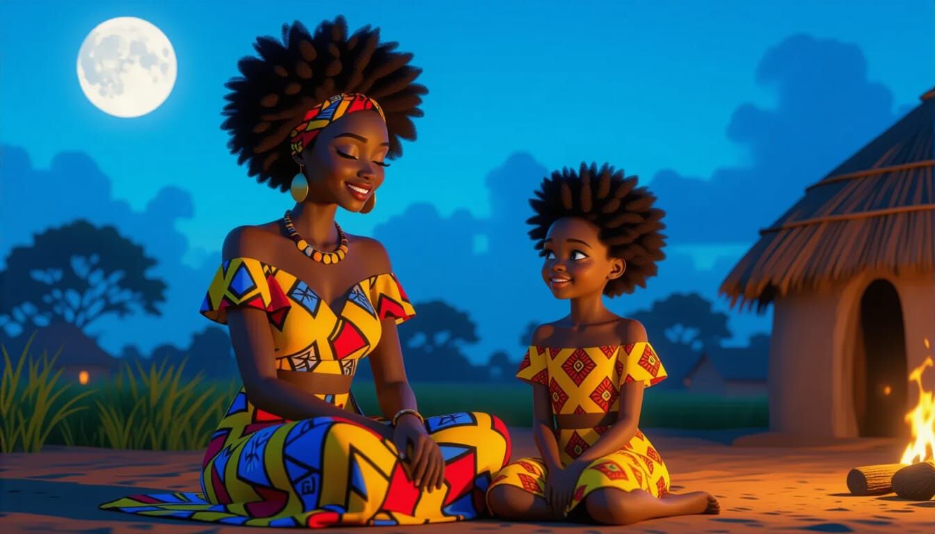 African Mother And Daughter At Night In Village