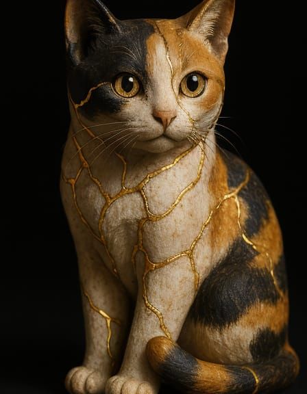 Kintsugi Calico Cat Statue on Black Background