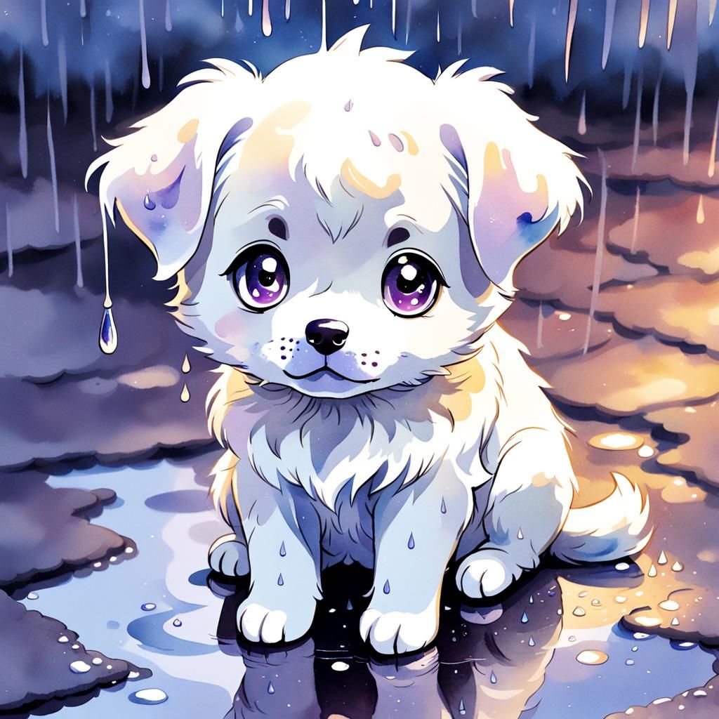 Watercolor Anime Puppy in the Rain
