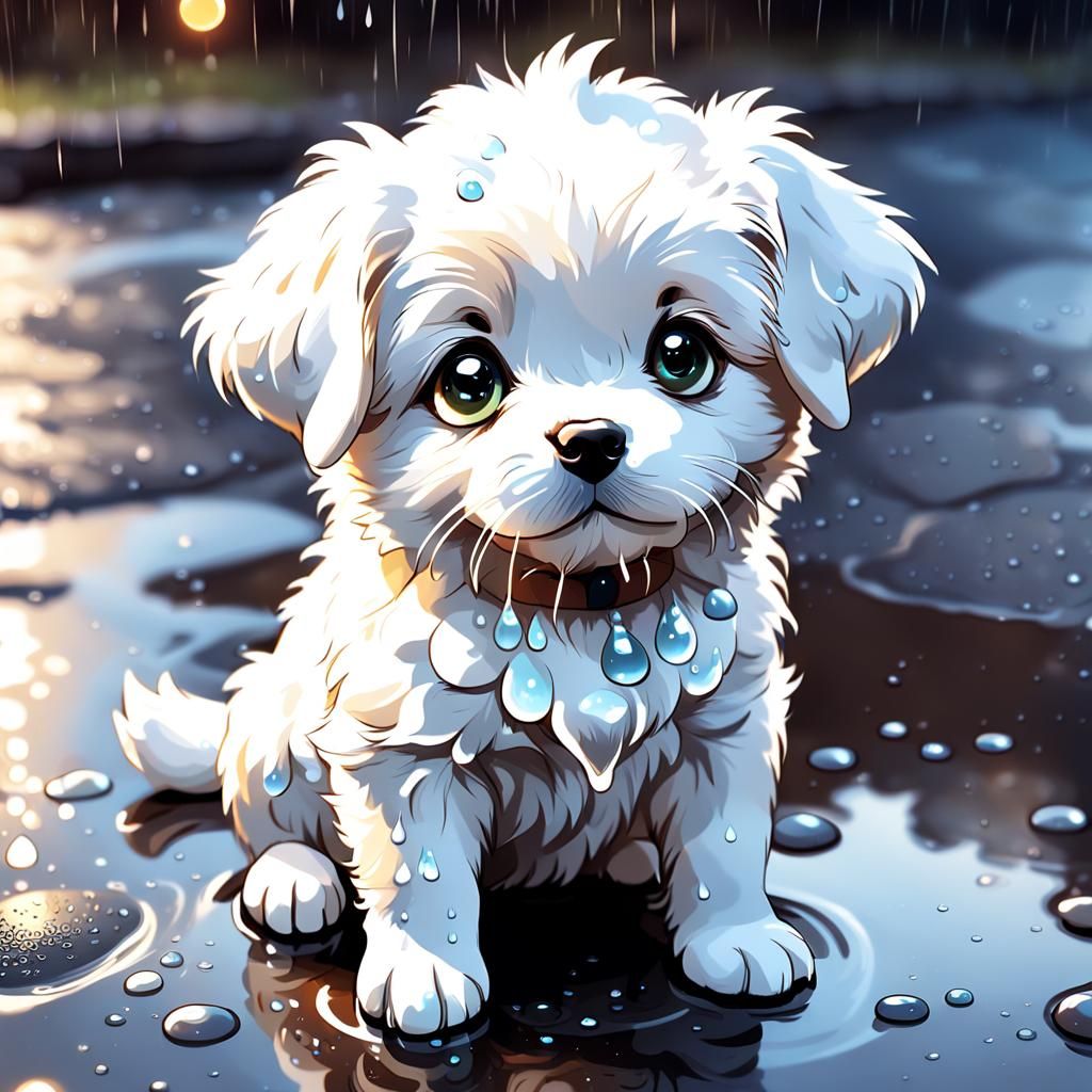 White Puppy Gazing Upward in Mochi Style