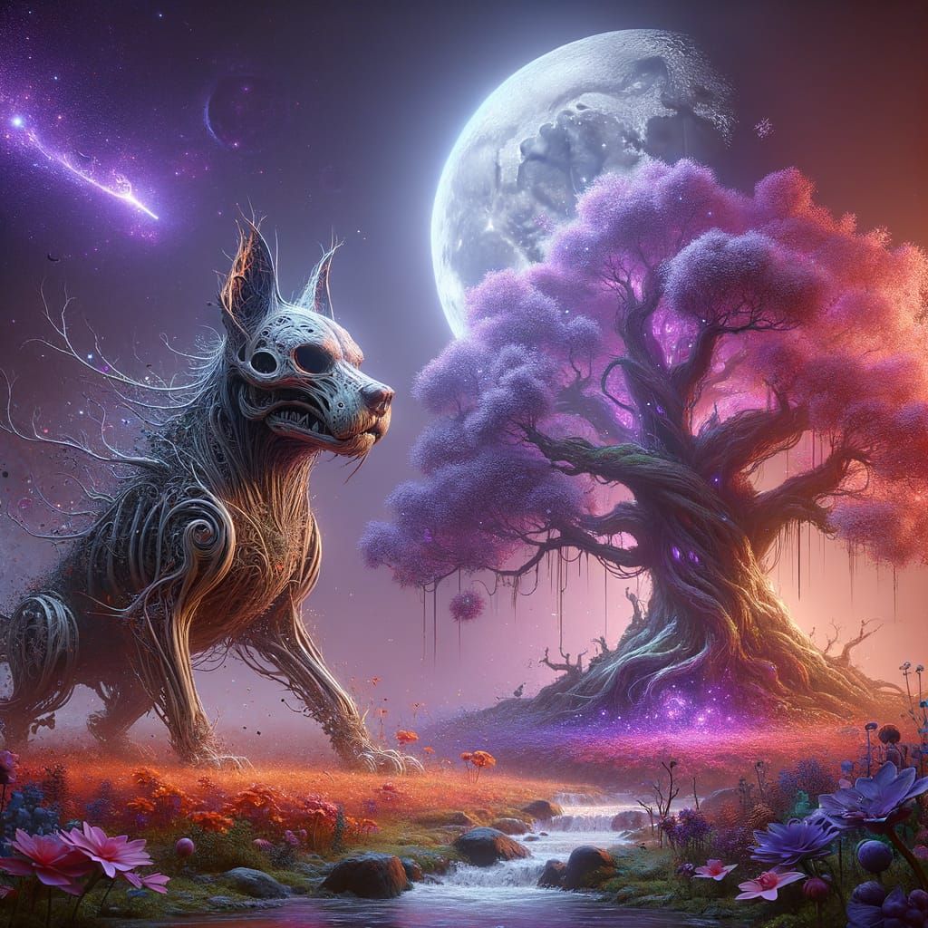 Ancient Magic Tree Under Purple Moonlight