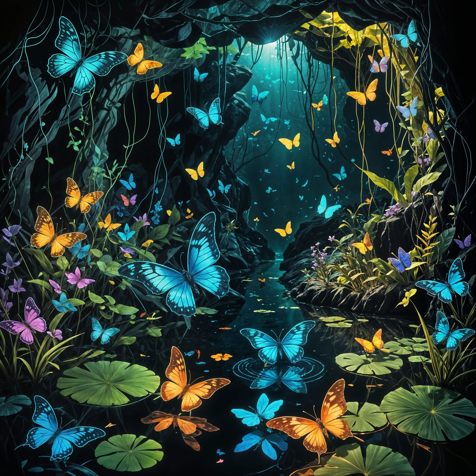 Enchanted Cave Illuminated by Fluorescent Butterflies