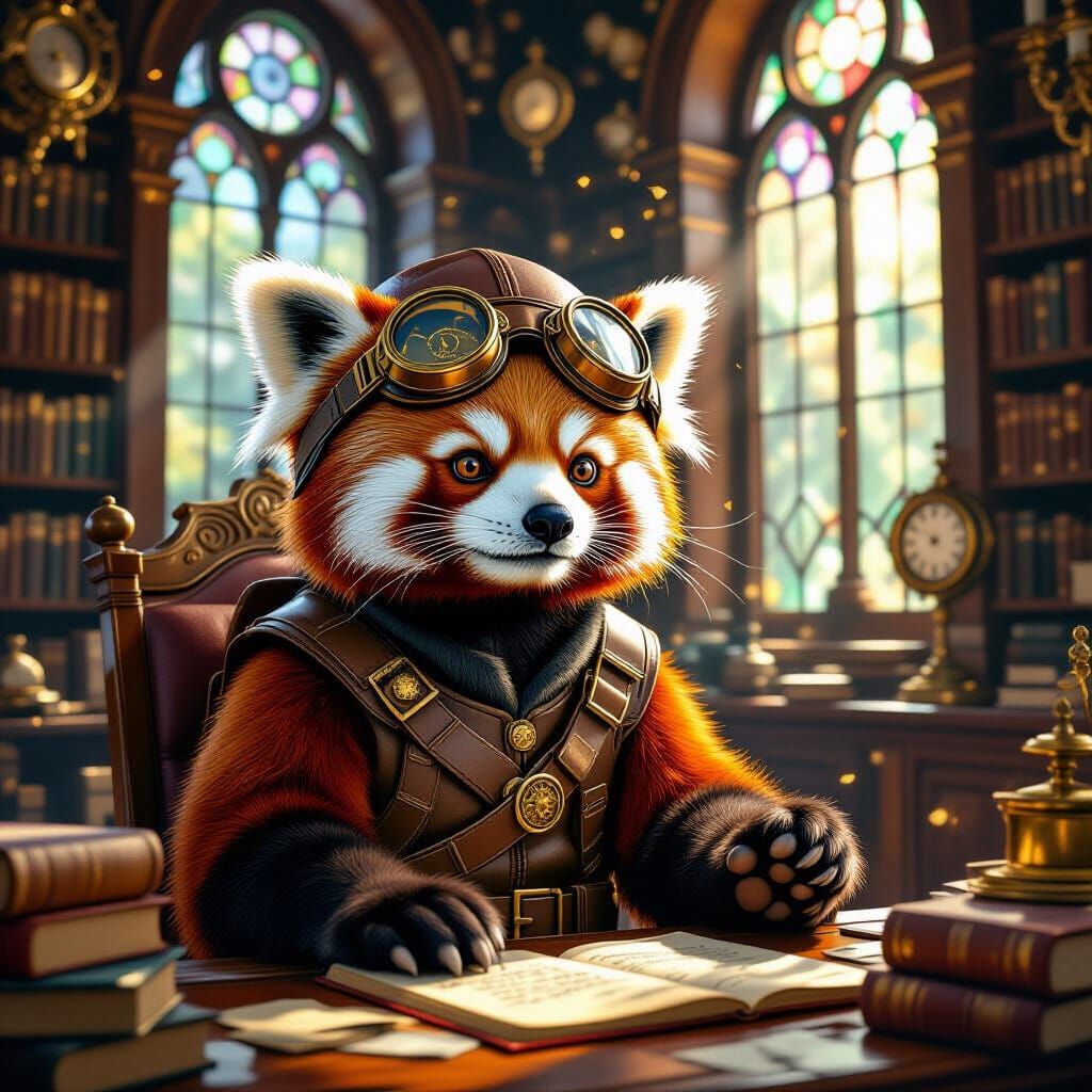Red Panda Aviator in Clockwork Library