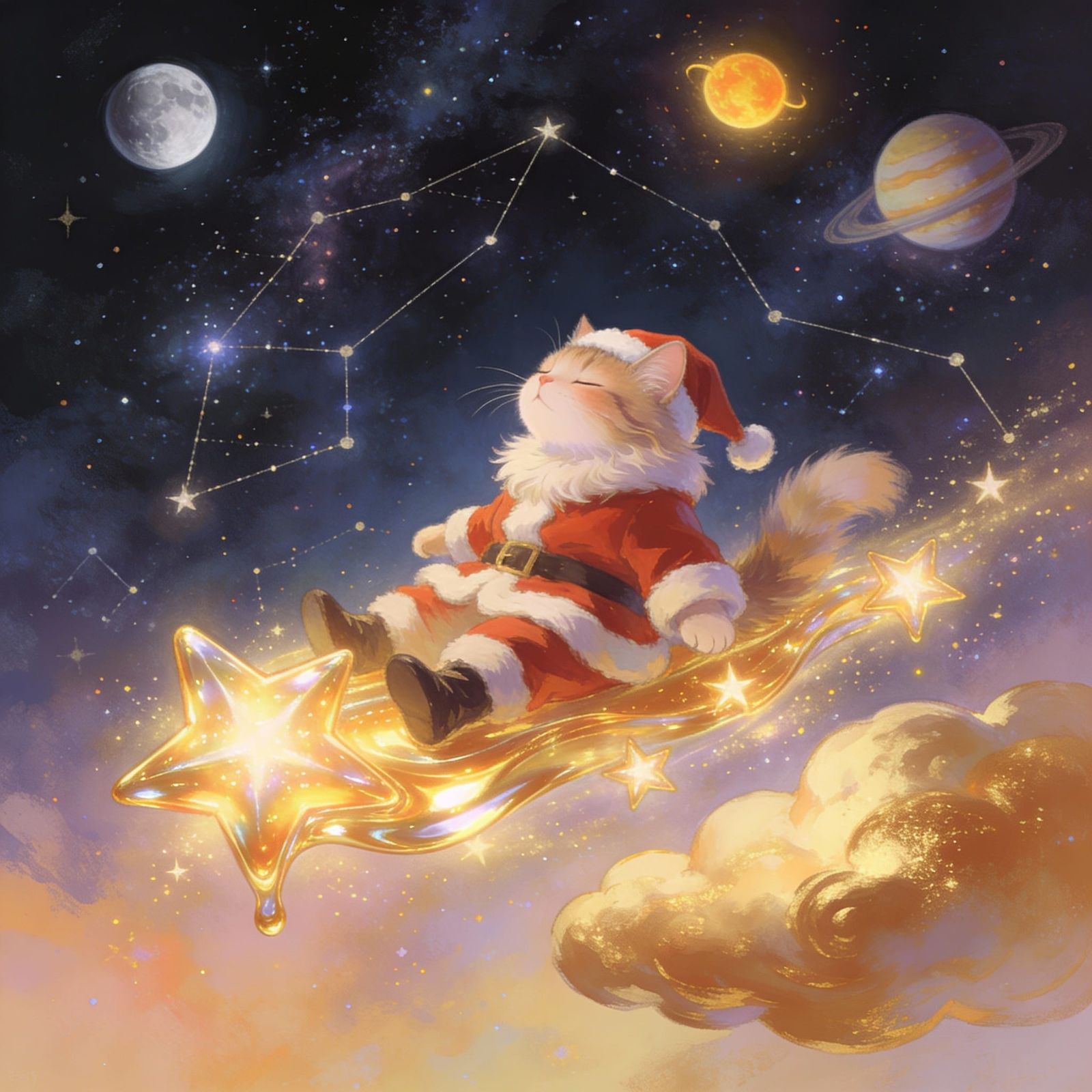 Whimsical Santa Cat Drifting Among Golden Stars