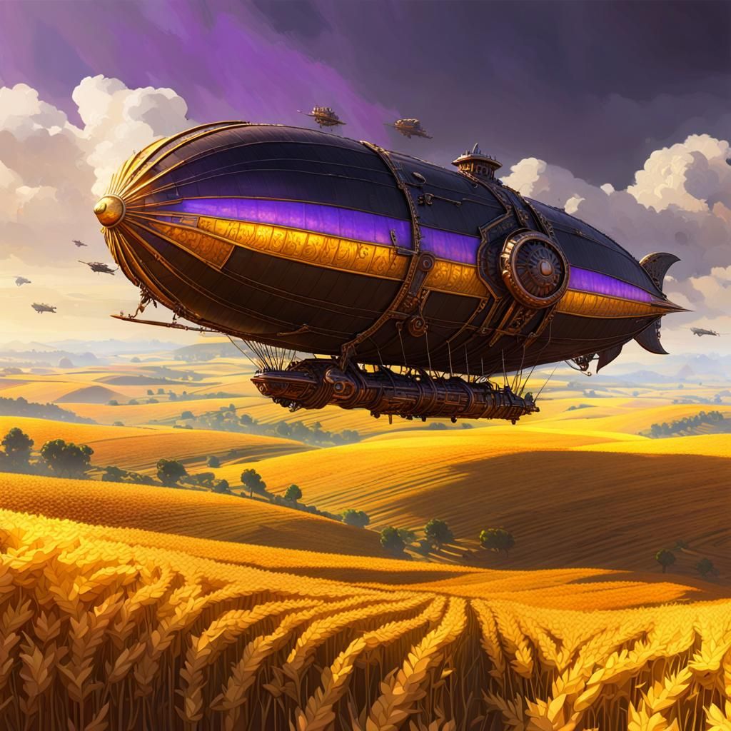Obsidian Techopunk Airship Over Golden Wheatfields