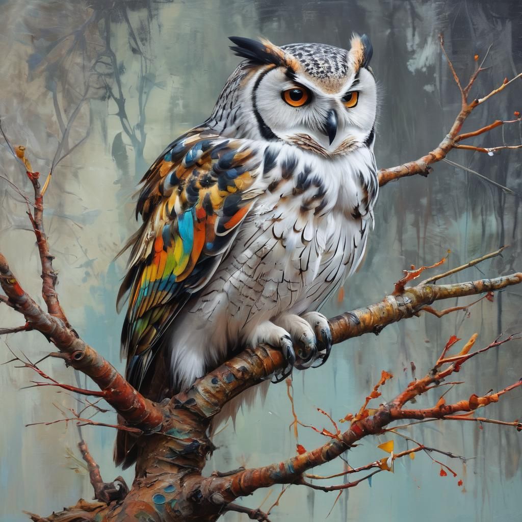 Owl on Branch in Triadic Bleeding Paint Style