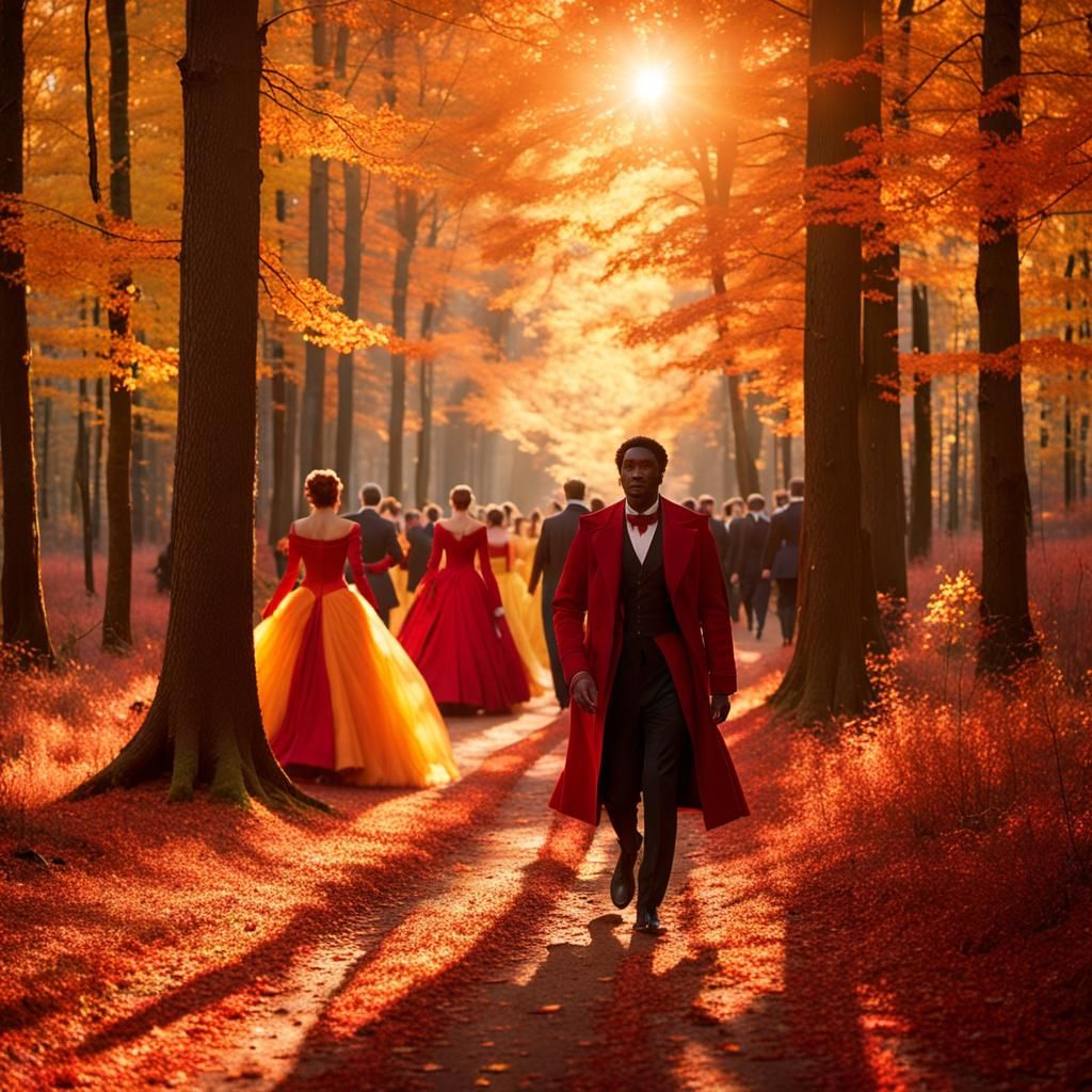 Autumn Forest Path with Vibrant Ball Gowns