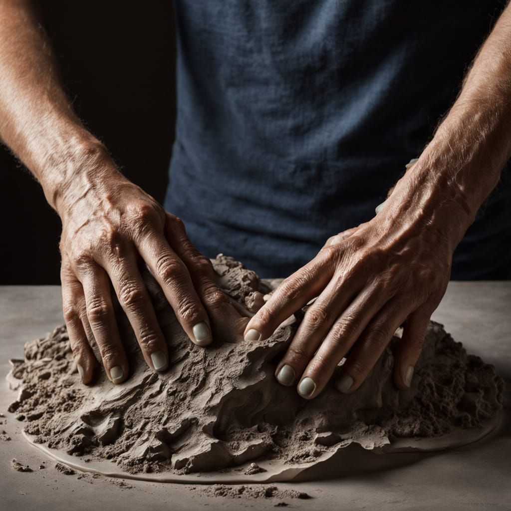 Ethereal Clay Hand Rises from Mist in Warm Golden Light