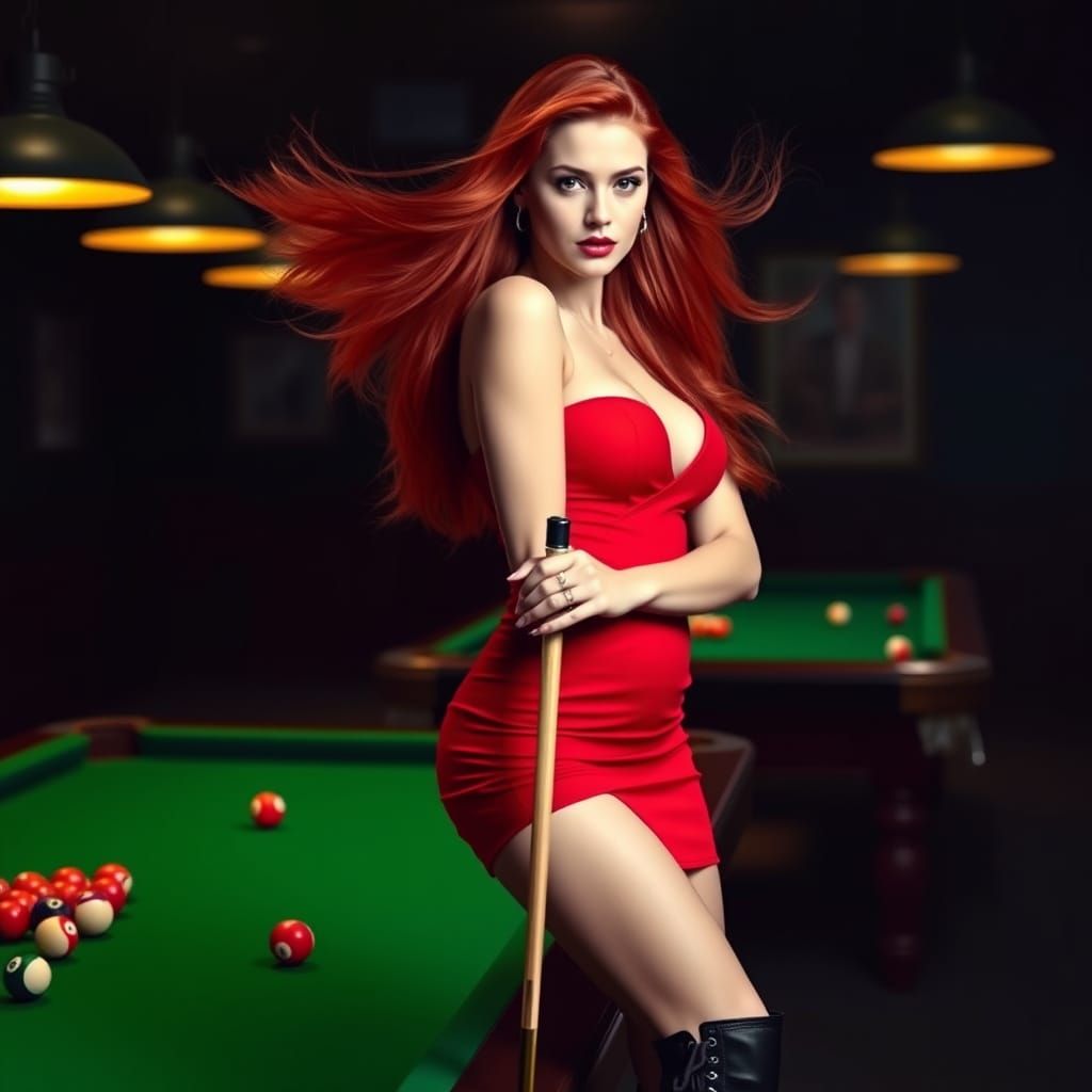 Confident Woman with Red Hair Holds Pool Cue in Dimly Lit Ha...