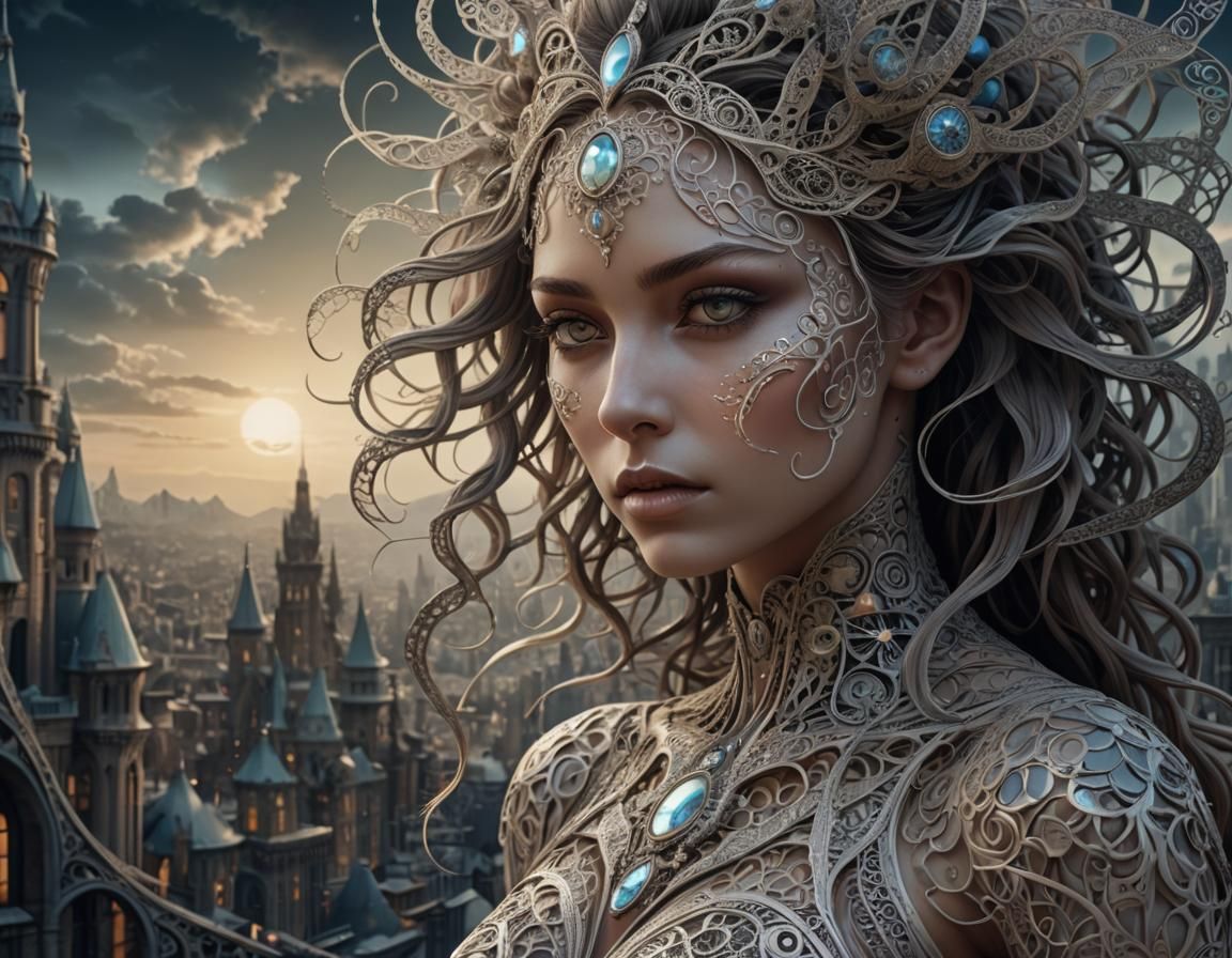 Mystical City Portrait with Zentangle Patterns