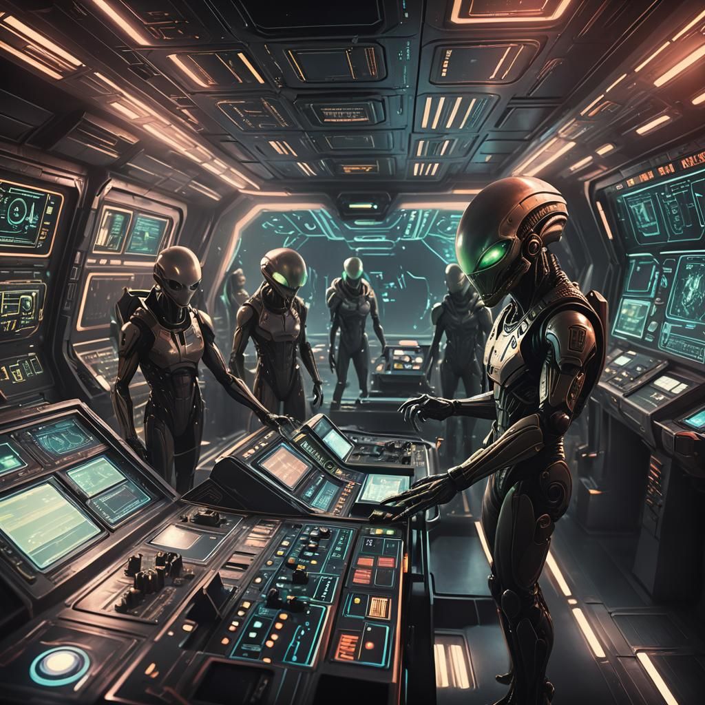 Alien Beings Navigate Spaceship Control Room