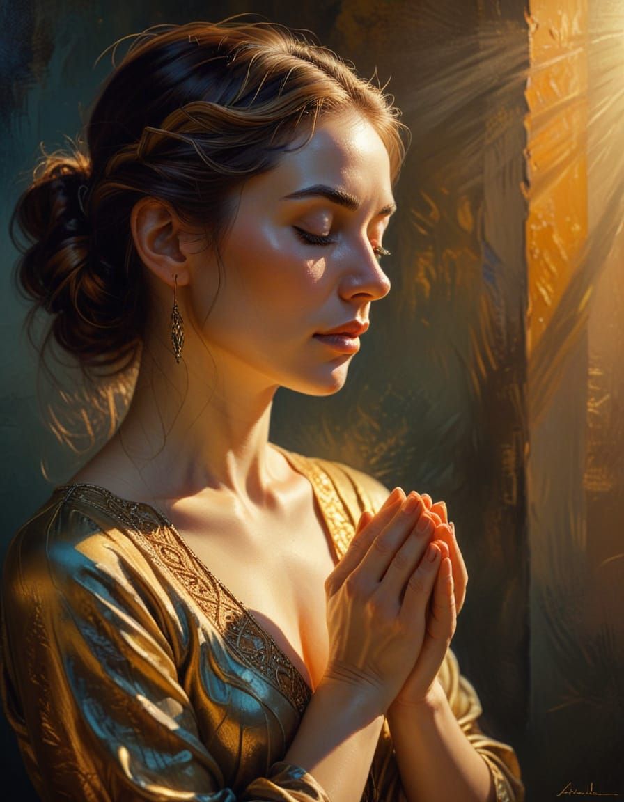 Surrealist Oil Painting of Praying Woman in Golden Light