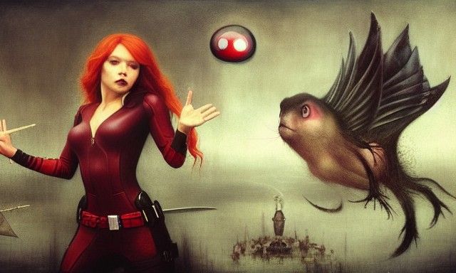 Black Widow Action Scene as Surrealist Oil Painting
