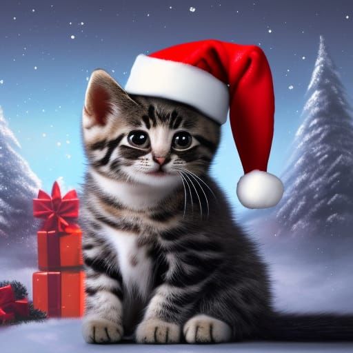Cute Kitten as Santa Claus, Digital Art