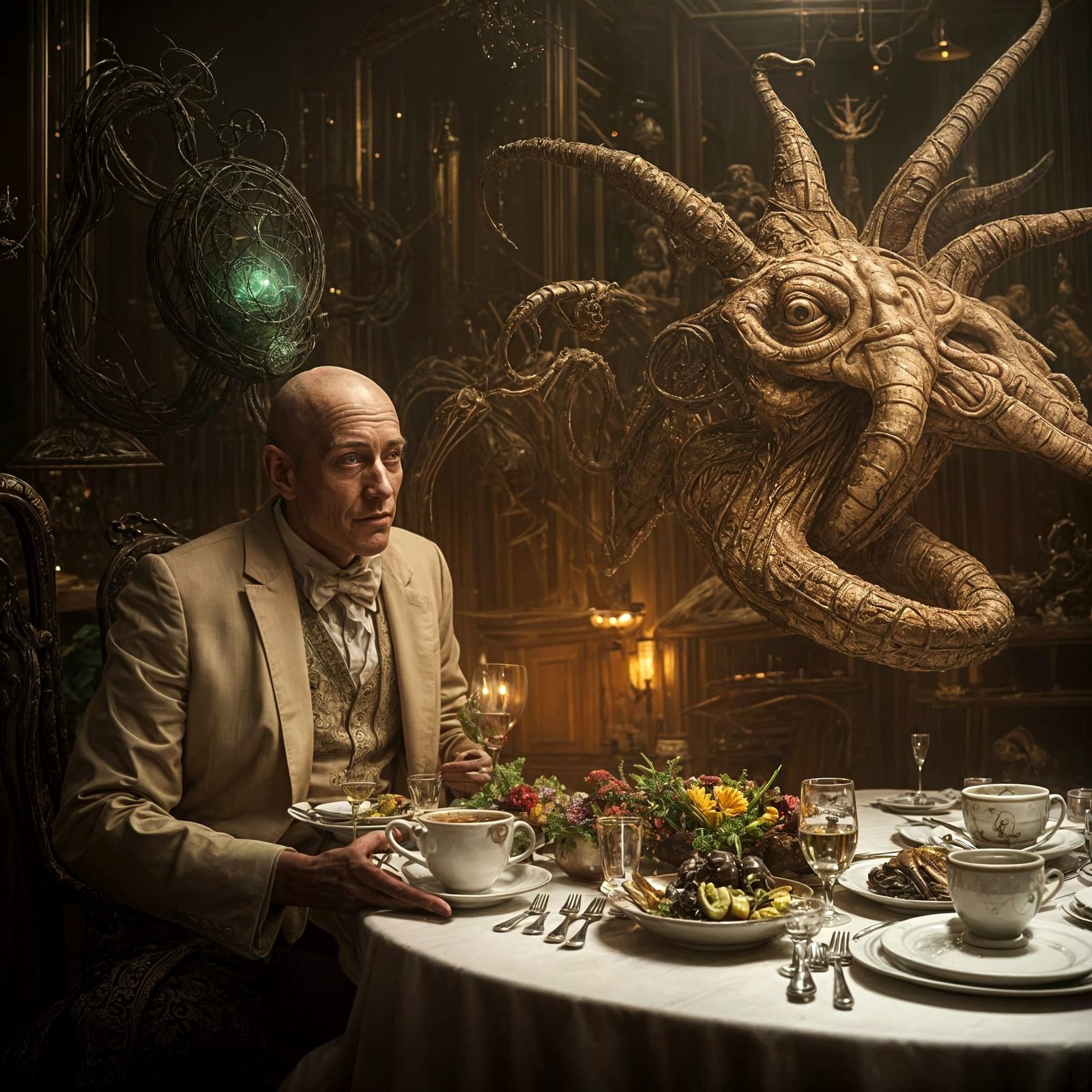 Surreal Restaurant Scene with Exotic Aliens in Hyperreal Sty...