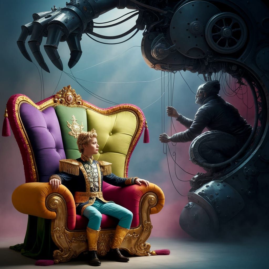 Regal Puppet King in Whimsical, Fantastical Scene