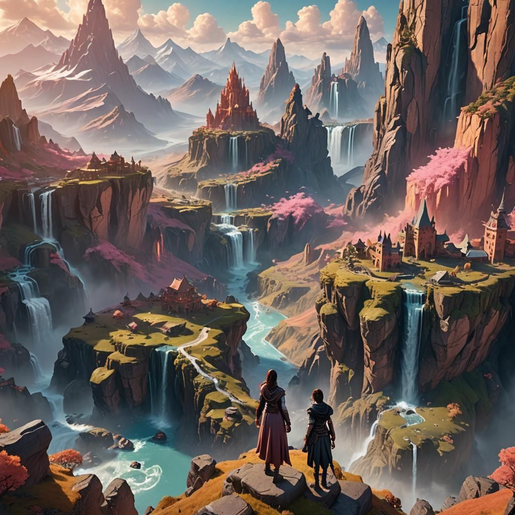 Mystical Mountain Ridge with Floating Islands in 3D