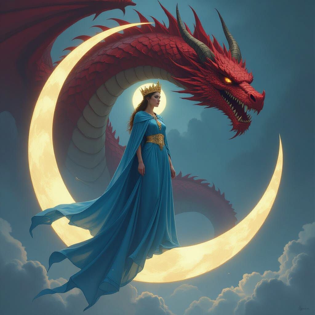 Celestial Woman and Dragon in Dramatic Scene