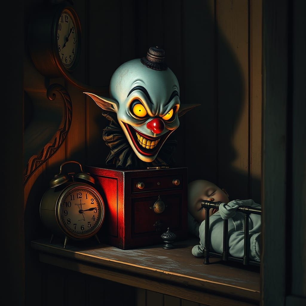 A scary Jack in the box on a shelf in the corner of a child'...