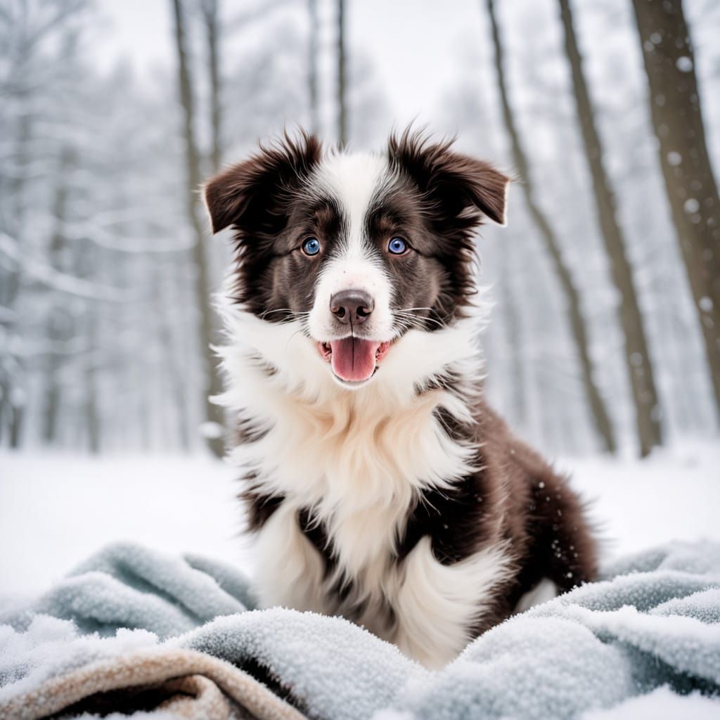 Whimsical Border Collie Puppy Plays in Winter Wonderland