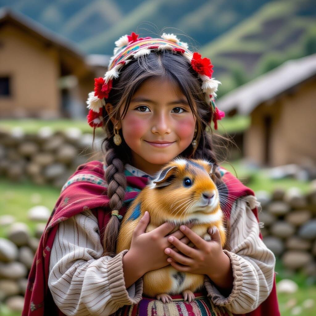 Aymara Girl with Guinea Pig in Machu Picchu