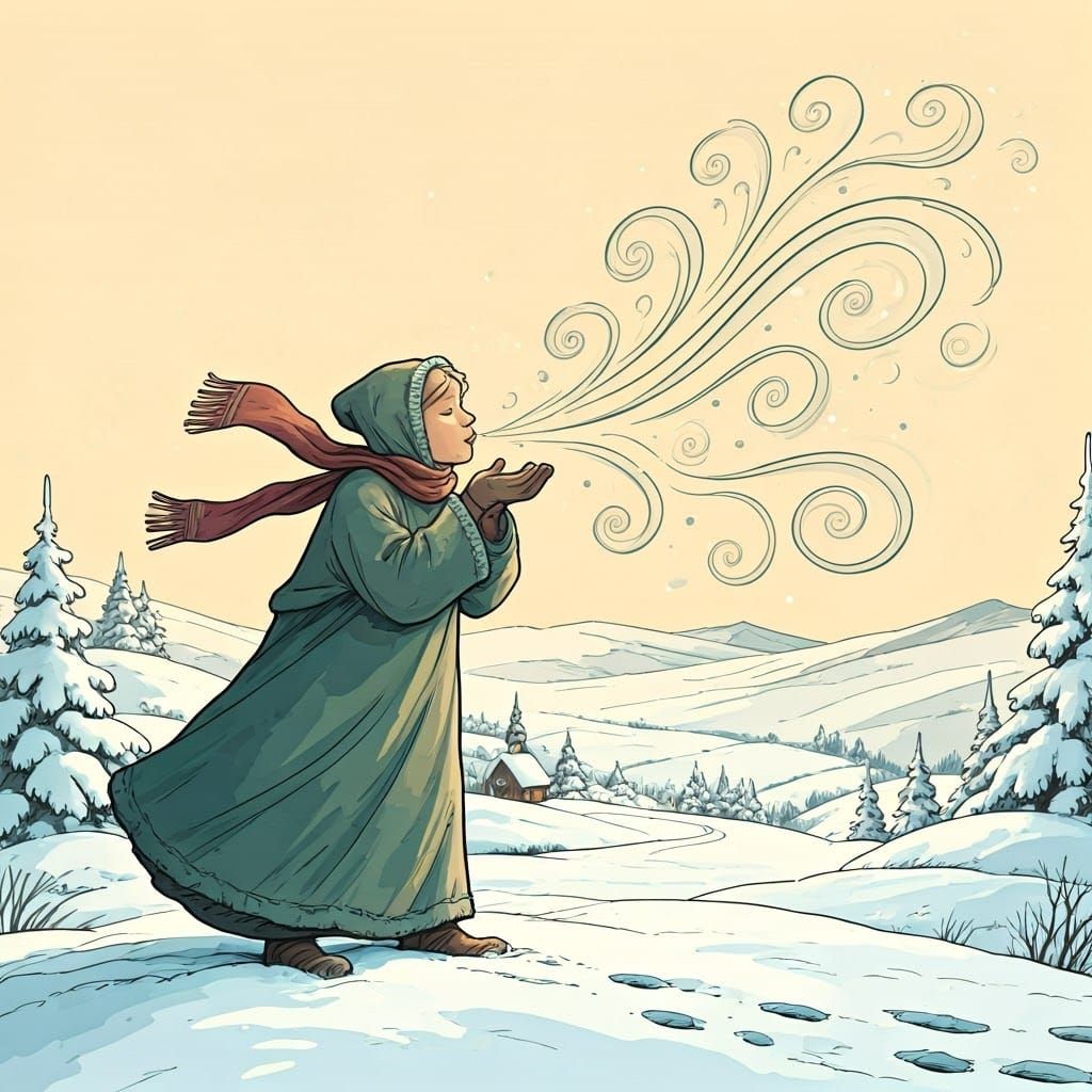 Gentle North Wind Blows Snow in Whimsical Cartoon Style