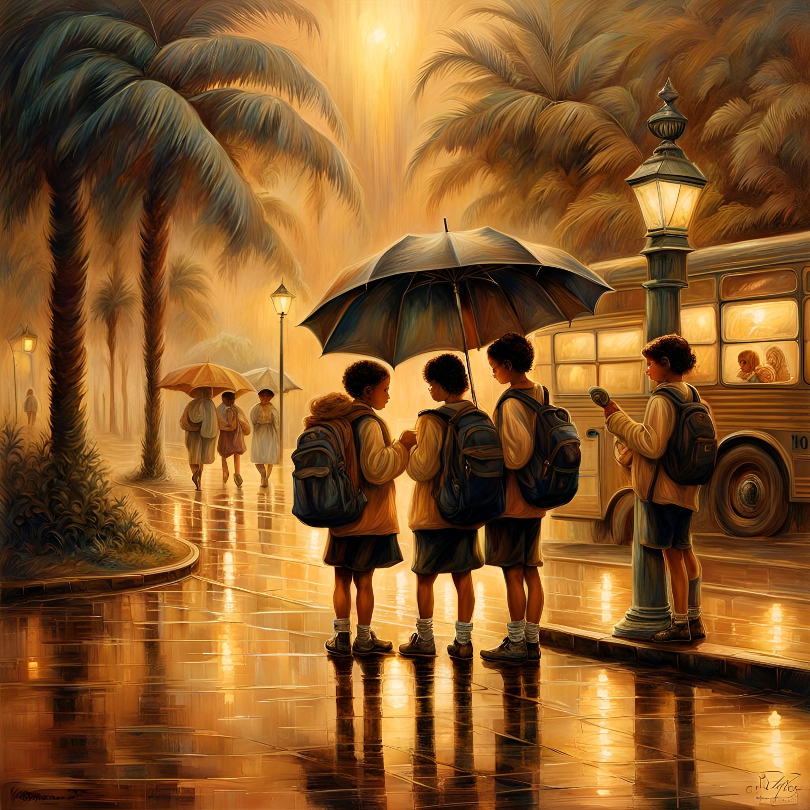 School Kids at Bus Stop in Rainy, Warm Sepia