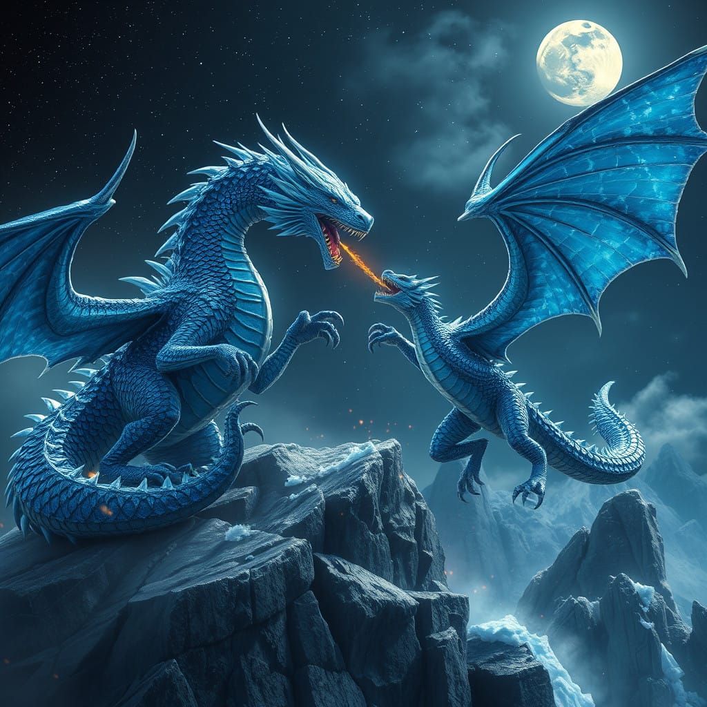 Midnight Ice Dragon Duel in a Starlit Fantasy Landscape
