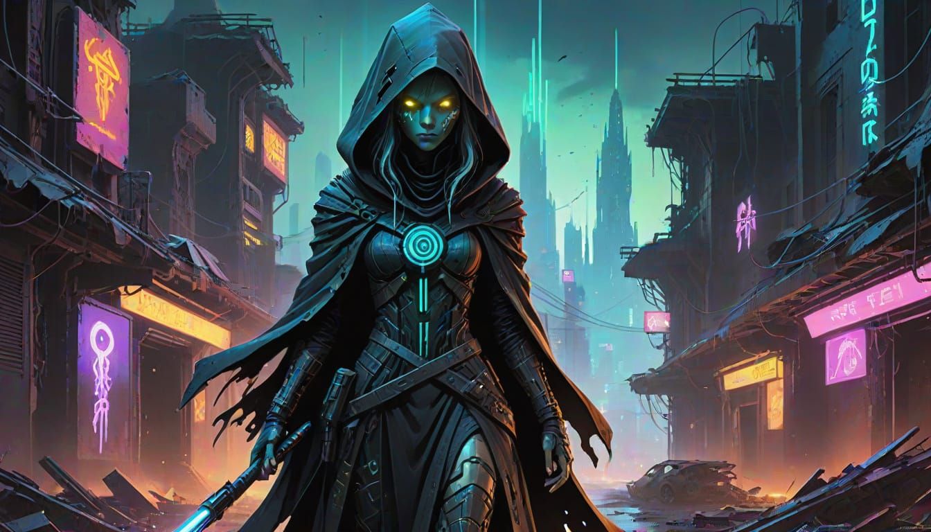 Cyberpunk Witch Conjures Dark Magic in Abandoned City
