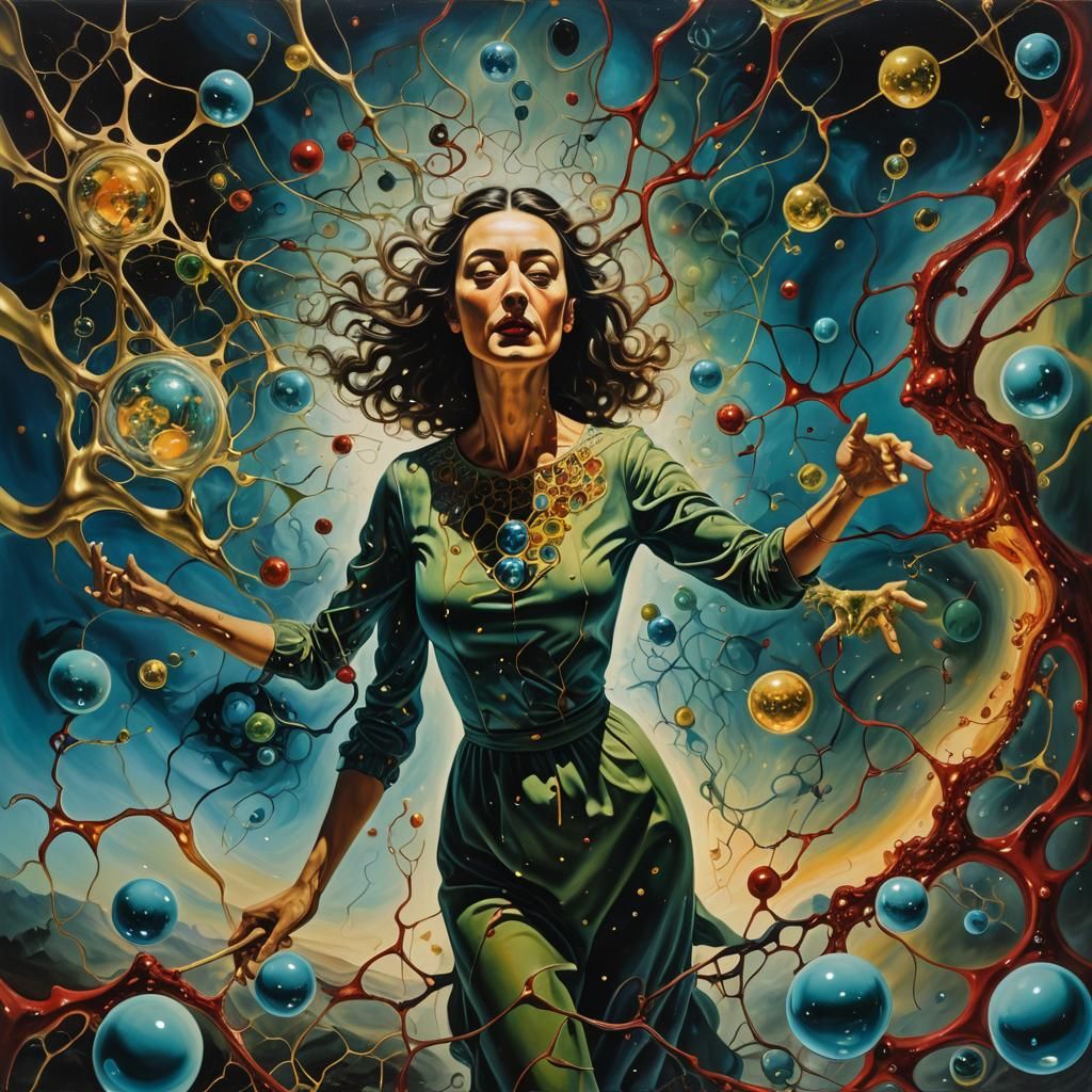 Woman in Surreal Molecular Realm, Oil Painting Style