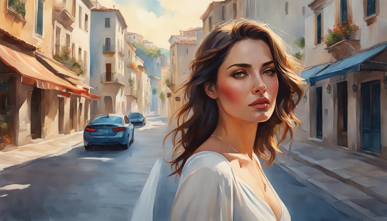 Watercolor Brunette on Mediterranean Street