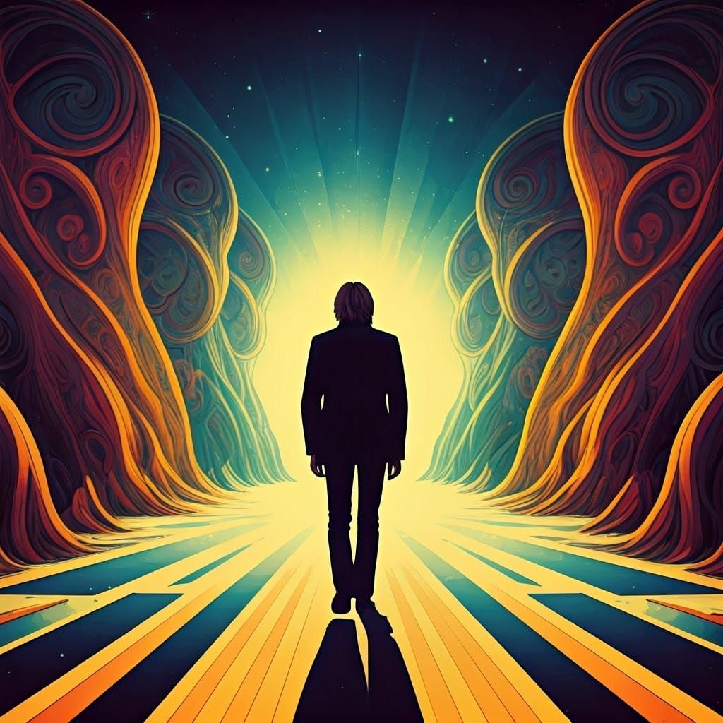 Psychedelic Portrait of Paul Weller in Surreal Landscape