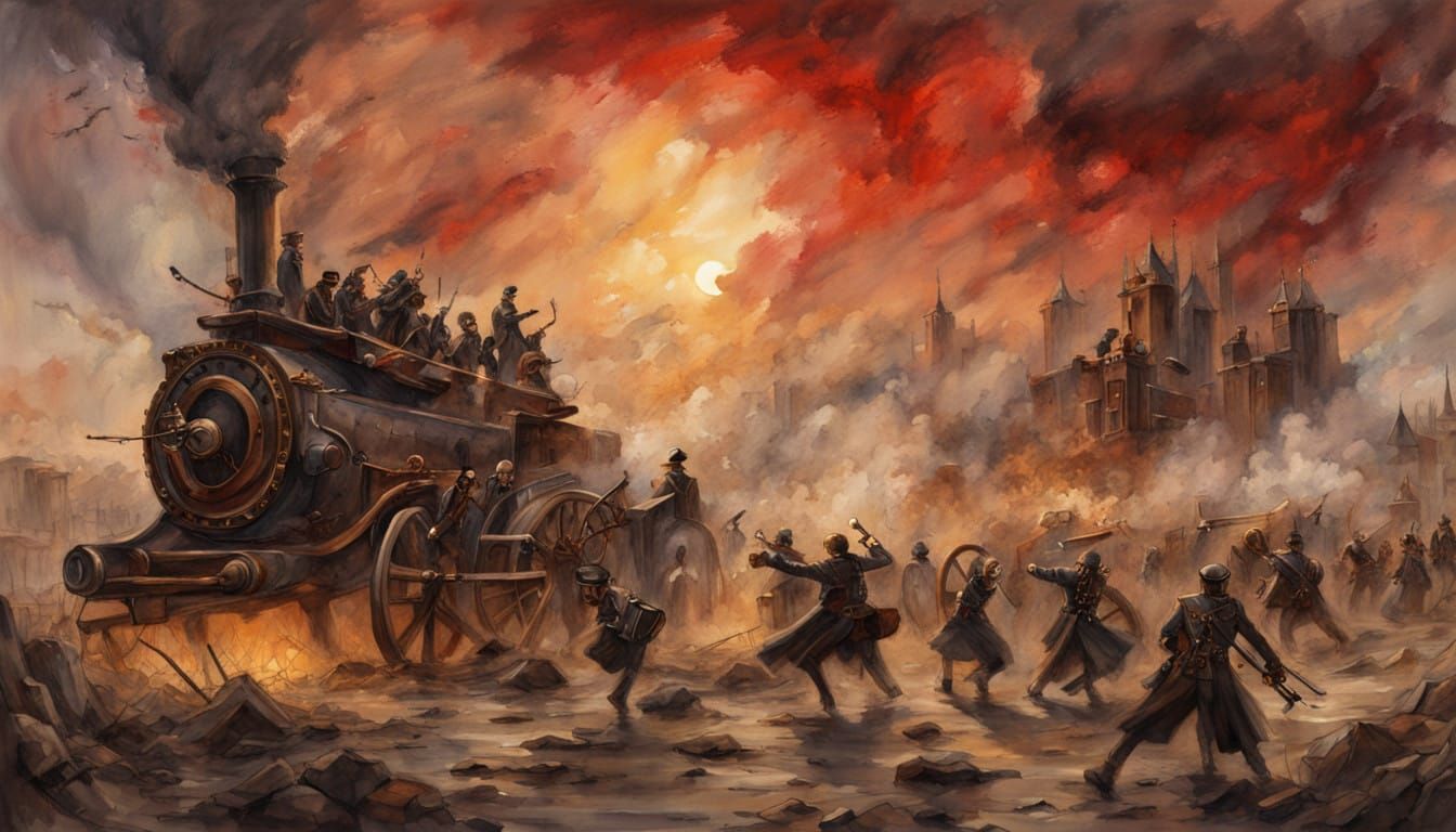 Ethereal Steampunk Battle Scene in Muted Watercolors