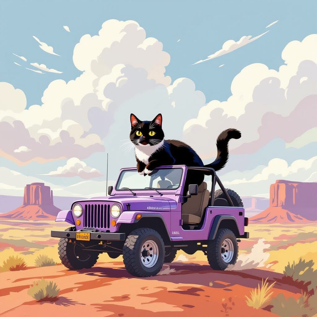 Cat on Jeep in Monument Valley, Watercolor Style