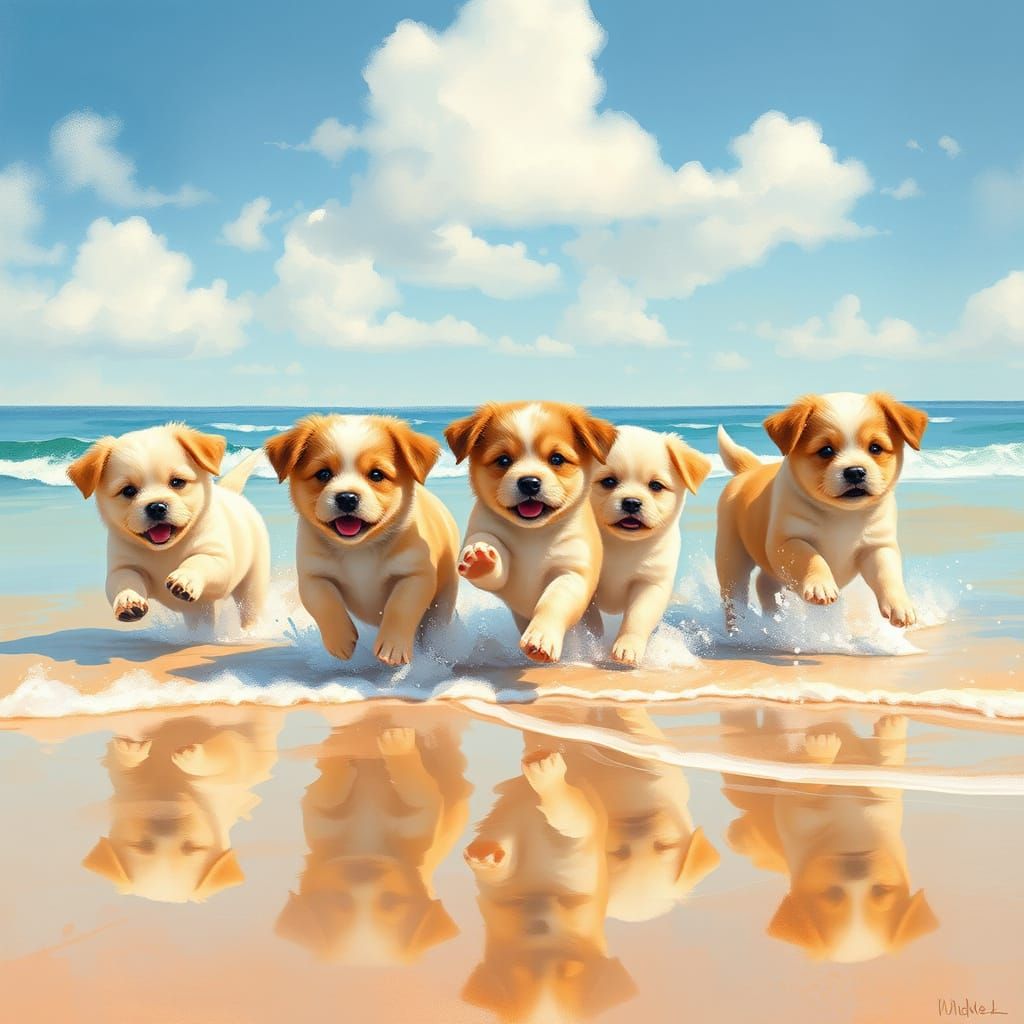 Joyful Puppies Play on a Sun-Kissed Beach in Impressionist S...