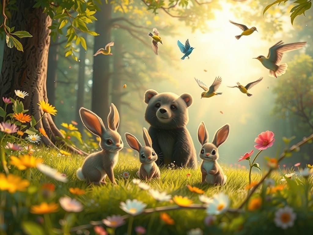 Enchanted Forest Scene with Bunnies and Bear Cubs