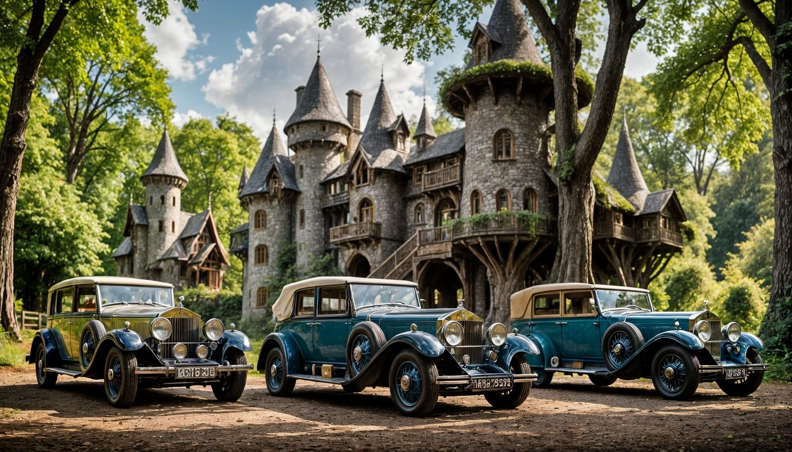 Luxurious 1920s Rolls Royces Parked in Enchanted Woodland Ca...