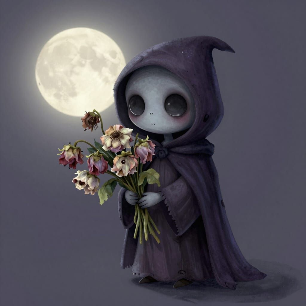 Cute Reaper with Wilted Flowers in Whimsical Style
