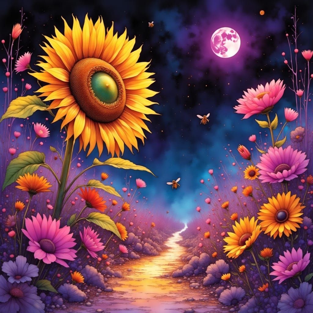 Surreal Cyberpunk Garden Scene with Vibrant Neon and Organic...