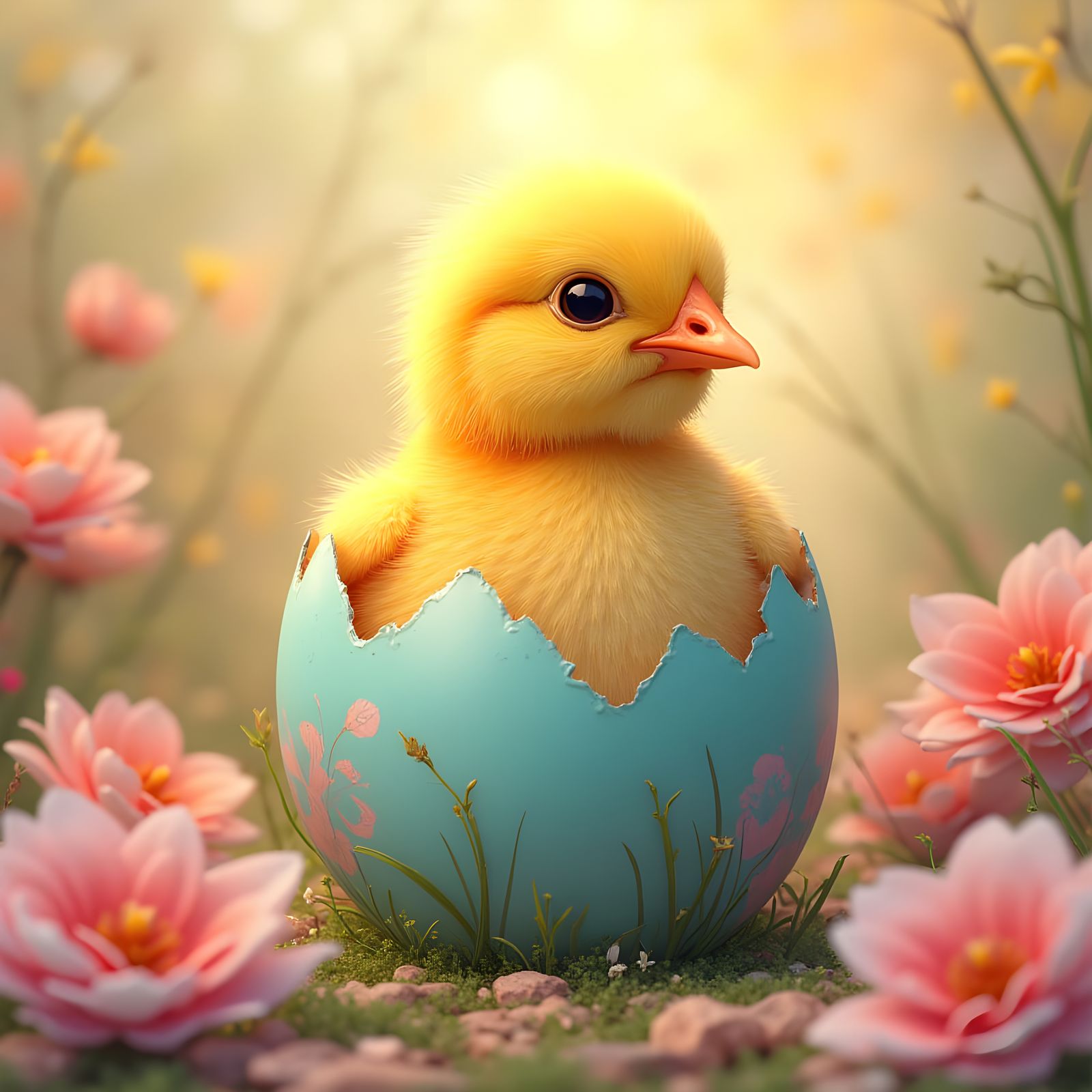 Easter Chick Emerges from Floral Dyed Egg in Whimsical Fanta...