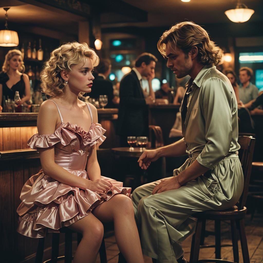 Young Man in Satin Dress at Bar
