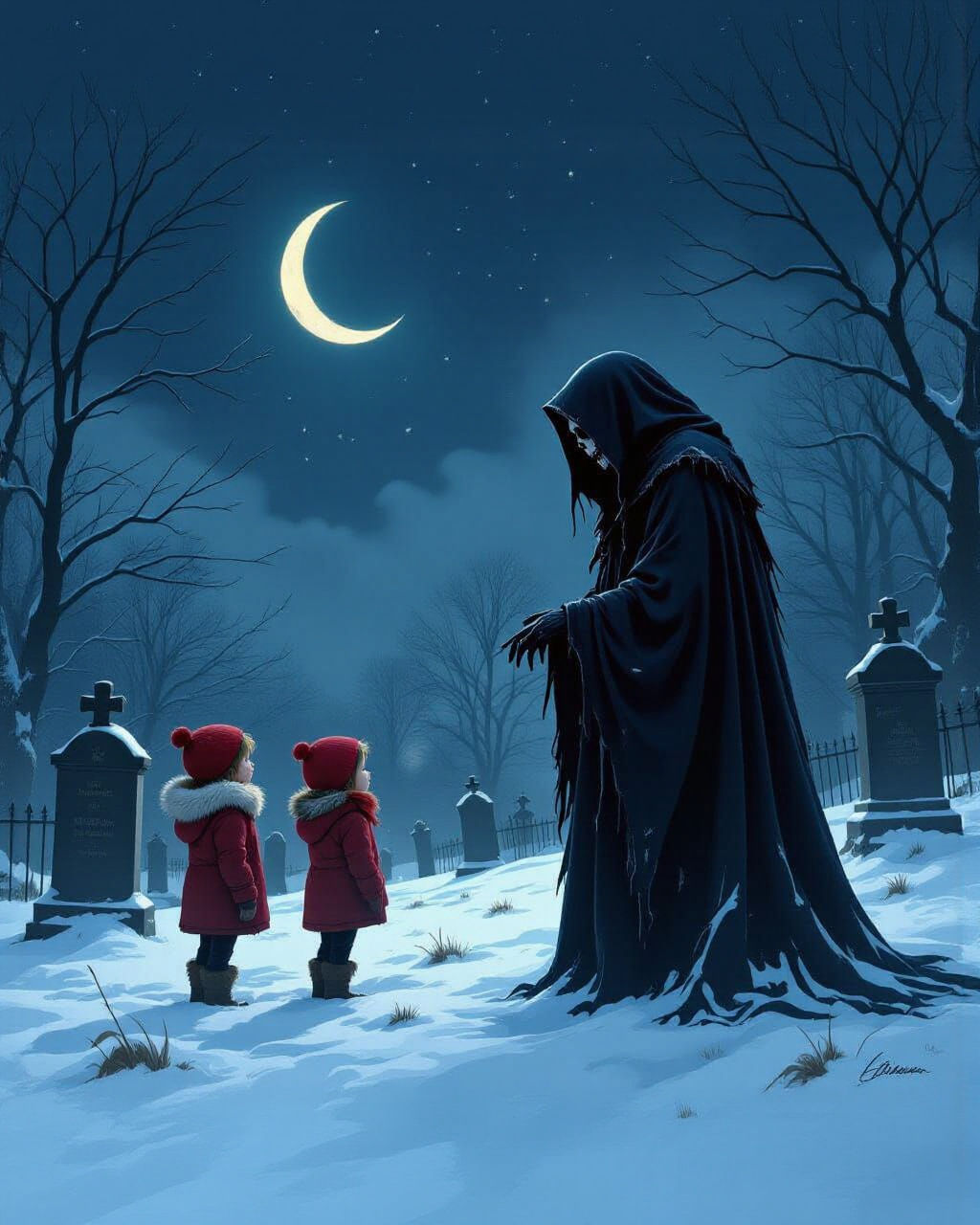 Eerie Grim Reaper Watching Children in Graveyard