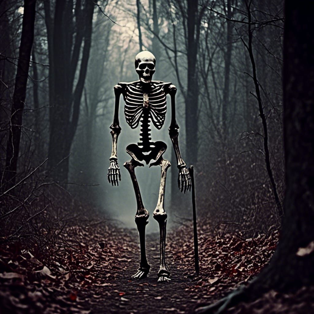 A Halloween horror movie poster inspired image of a skeleton walking through the woods searching for its next victim, Fr...