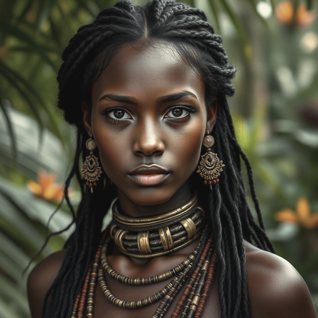 Amazonian Goddess with Tribal Neck Rings in Hyperealistic 4K